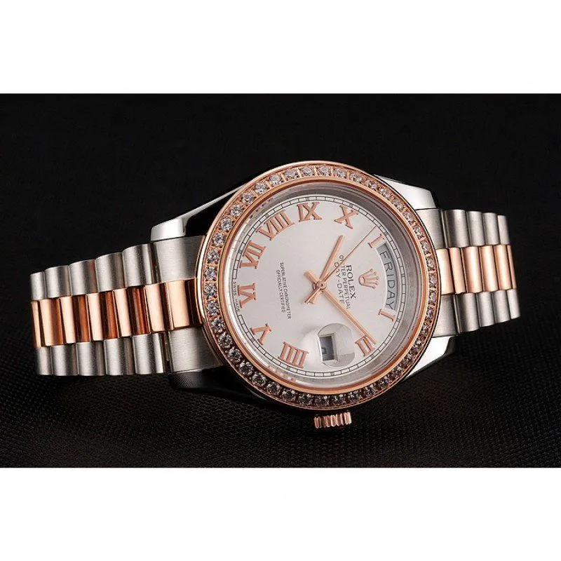 Swiss Day-Date Diamonds Bezel White Dial Rose Gold And Staineless Steel Bracelet 1454108