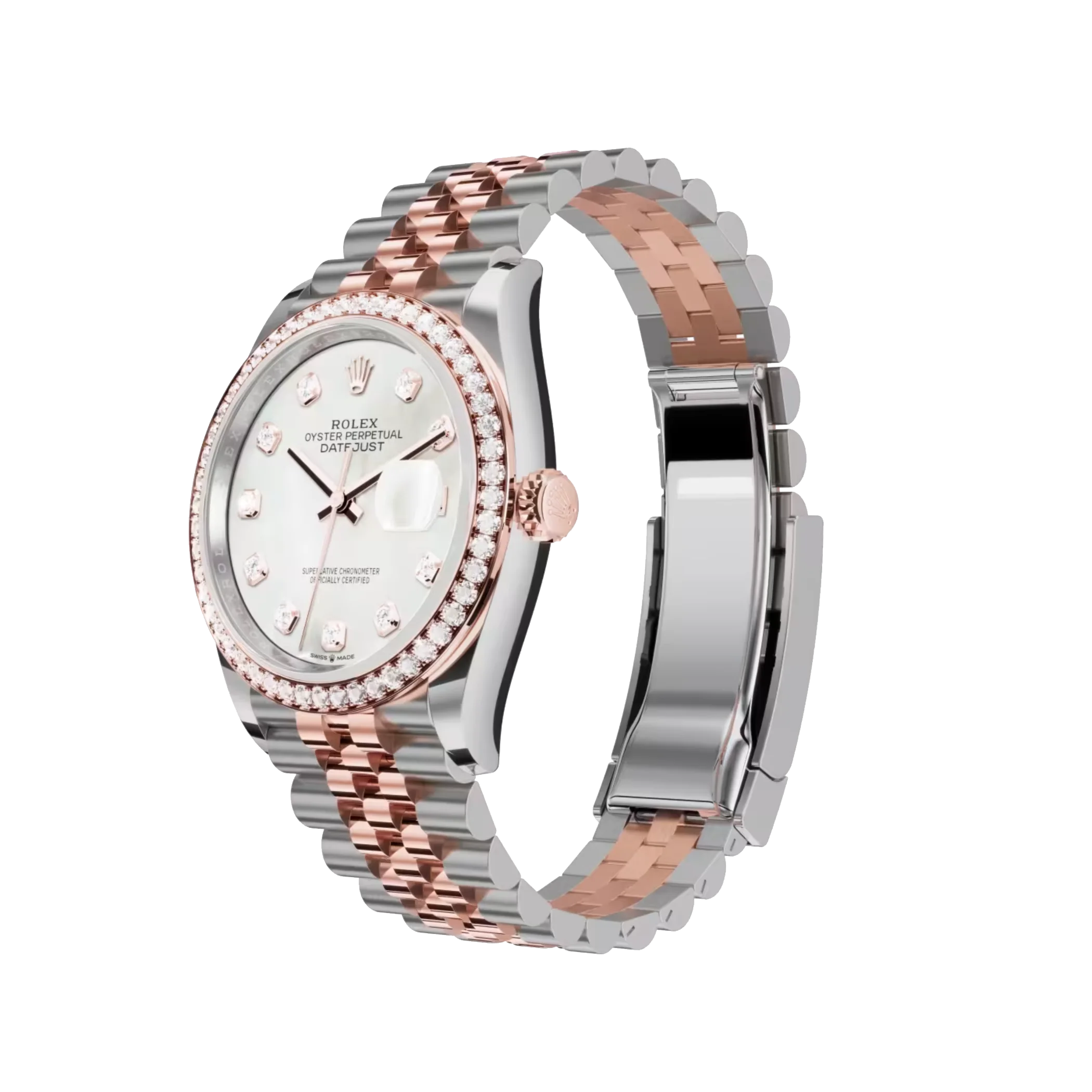 Datejust: Everose gold, white mother-of-pearl, diamond-set dial, Jubilee bracelet, m126281rbr-0009