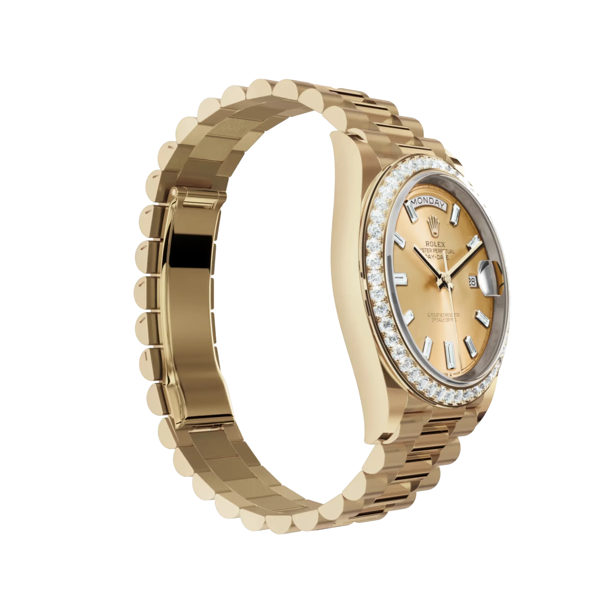 Day-Date: Yellow gold, with a champagne colour, Diamond-set dial, Diamond-set bezel and a President bracelet, m228348rbr-0002