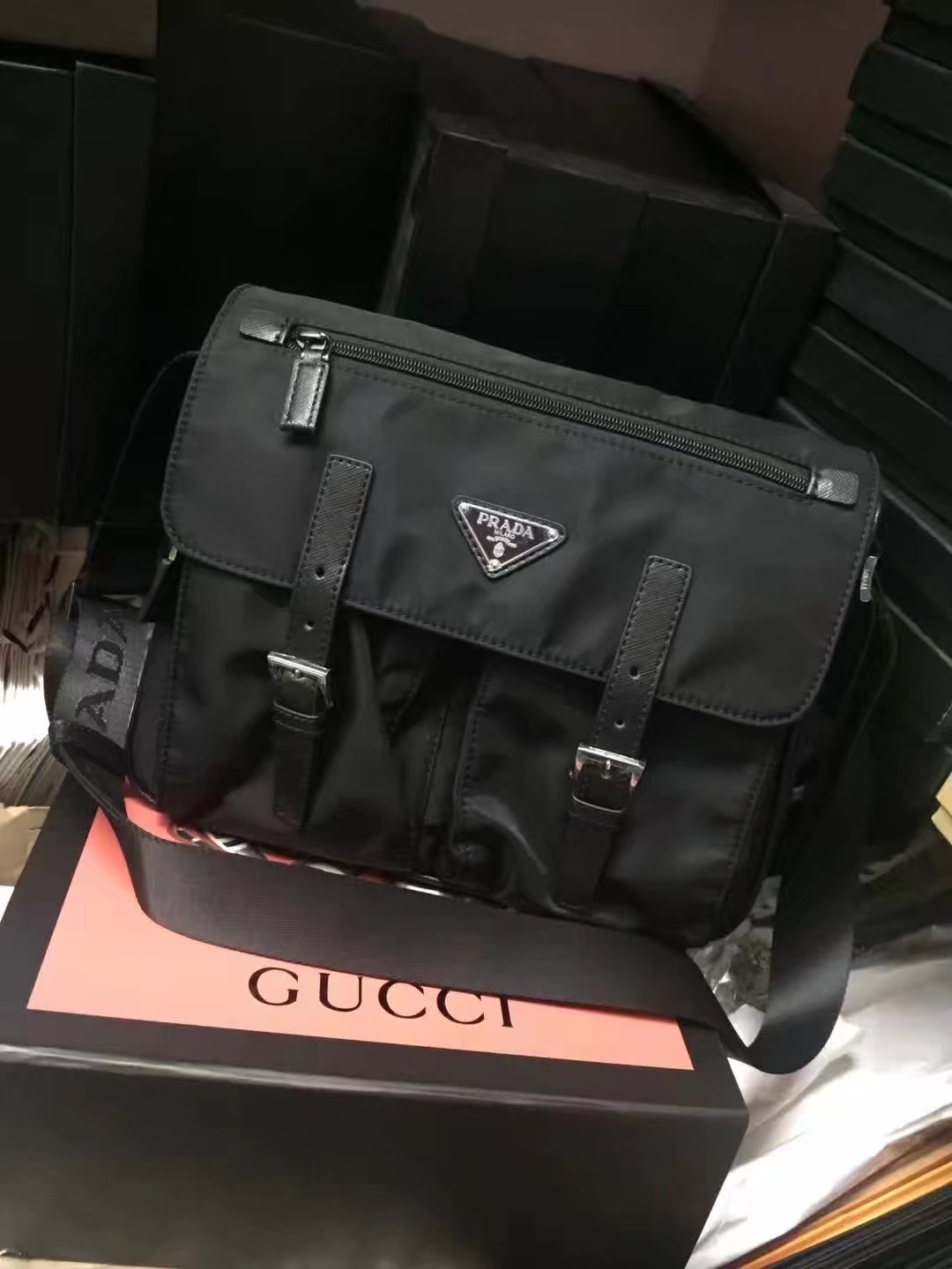 Prada 1738 Men Messenger Bag Black