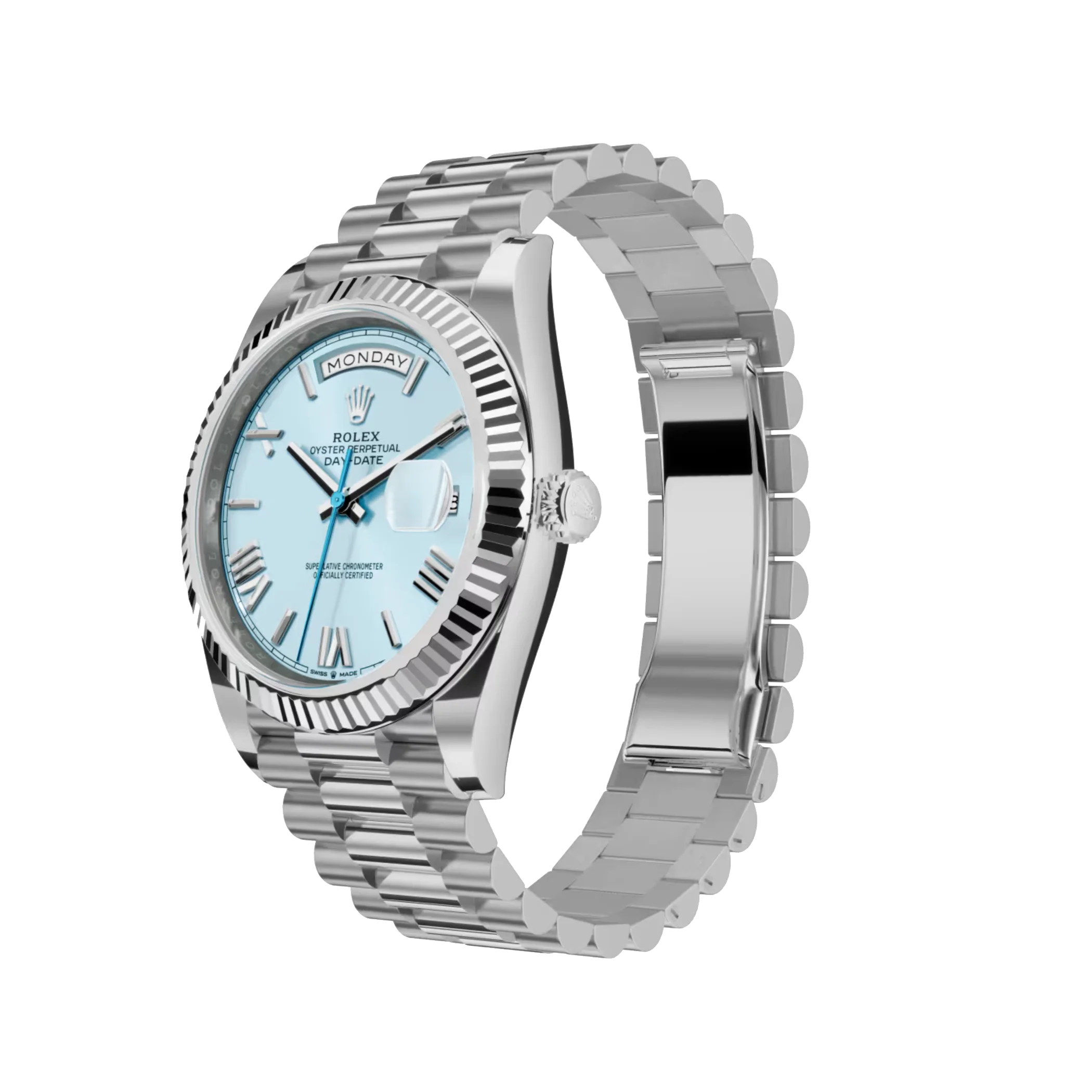 Day-Date: Platinum with an ice-blue dial, Fluted bezel and a President bracelet, m228236-0012