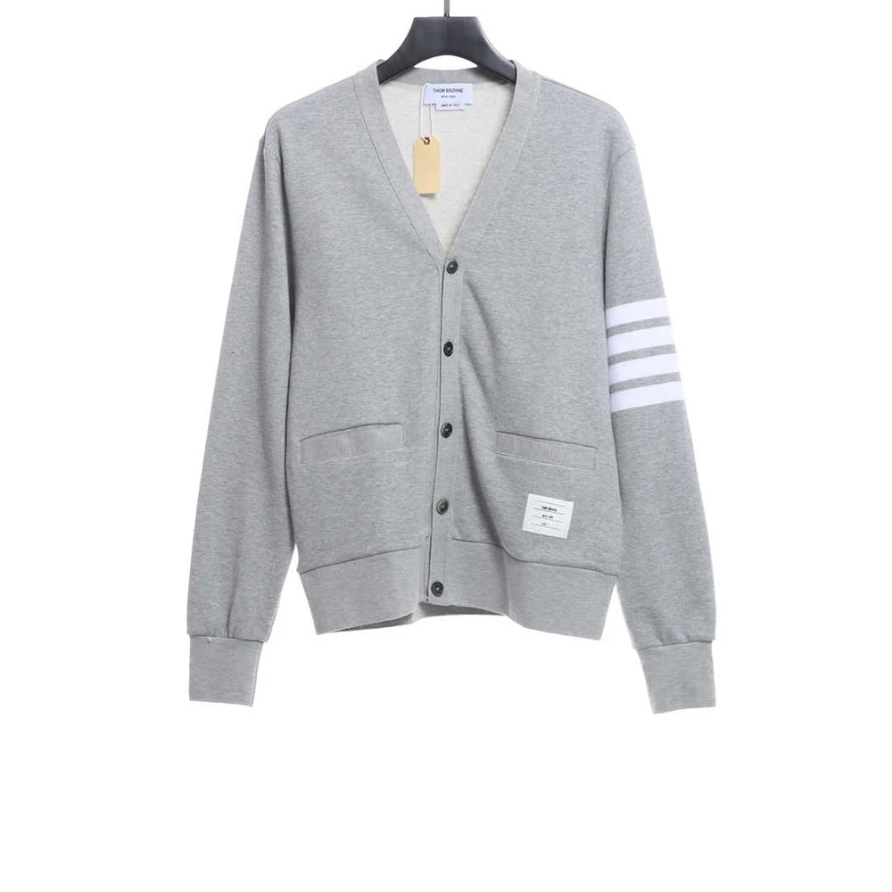V-neck sweater fabric striped cardigan(Black /Grey)