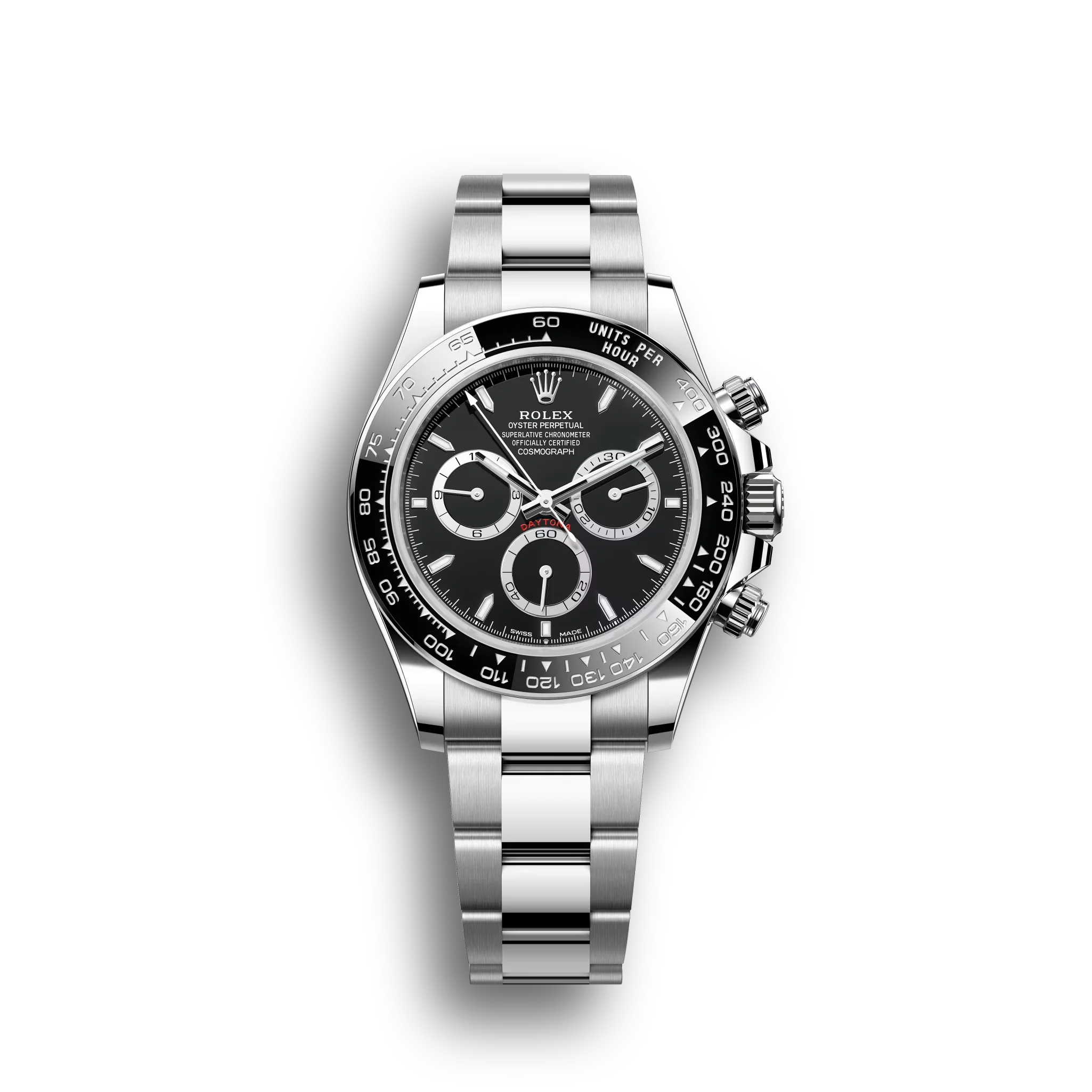 Daytona Cosmograph: Oyster, black dial, Oyster bracelet, black Cerachrom bezel with tachymetric scale, m126500ln-0002