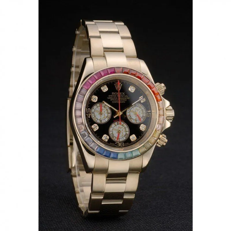 Daytona Cosmograph Rainbow Crystals Bezel Rose Gold Strap Black Dial 80251