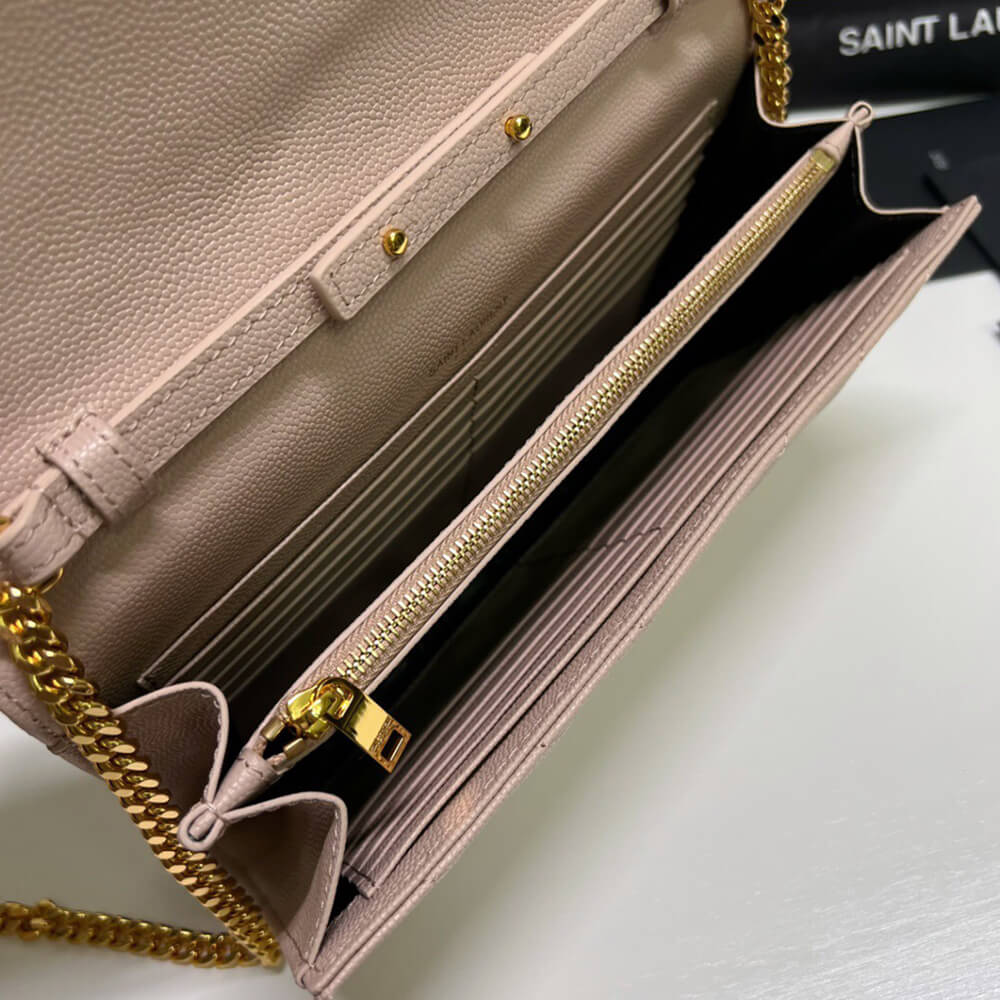 YSL CASSANDRE MATELASSÉ CHAIN WALLET IN GRAIN DE POUDRE EMBOSSED LEATHER