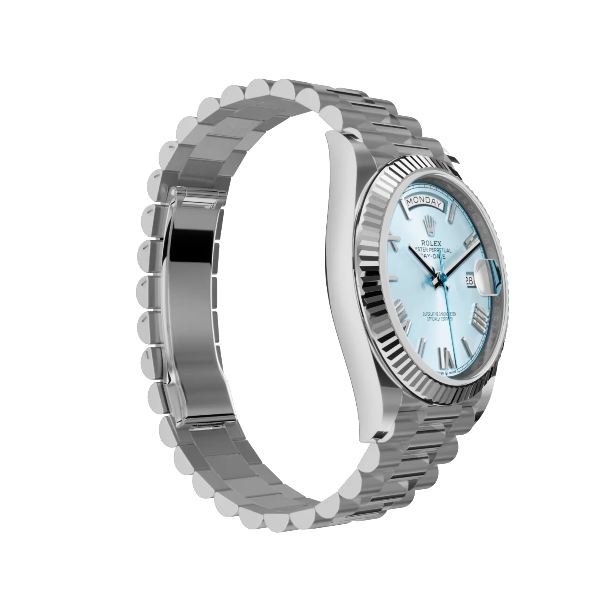 Day-Date: Platinum with an ice-blue dial, Fluted bezel and a President bracelet, m228236-0012