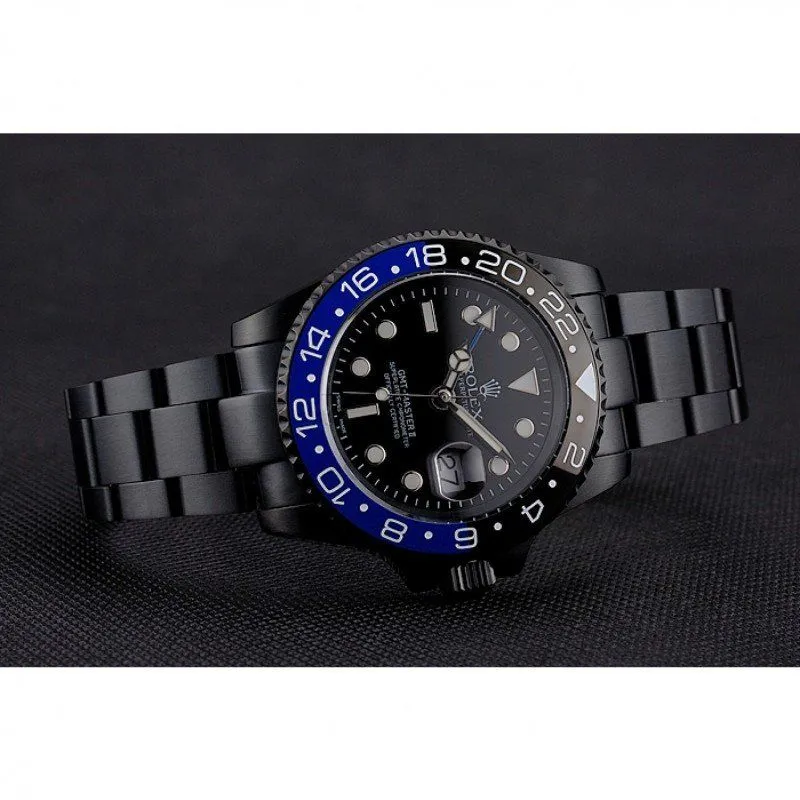 Swiss GMT Master II Black Dial Blue And Black Bezel Black PVD Case And Bracelet PR18239