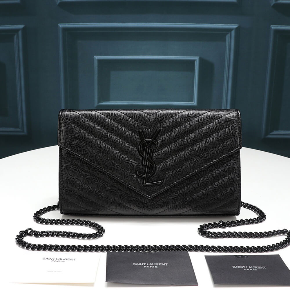 YSL Saint Laurent Chain-strap YSL-plaque grained-leather wallet