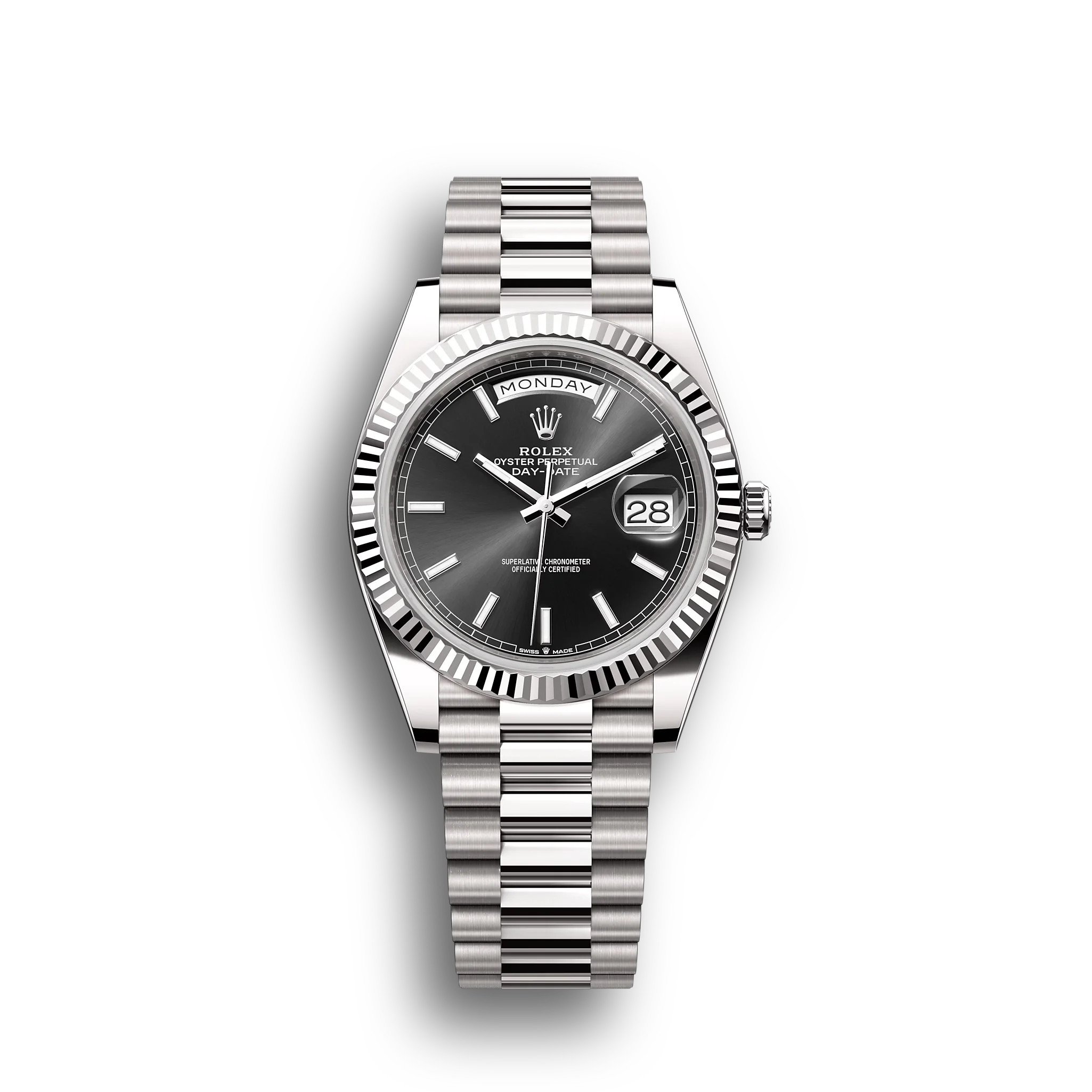 Day-Date: White gold, bright black dial, fluted bezel, President bracelet, m228239-0004