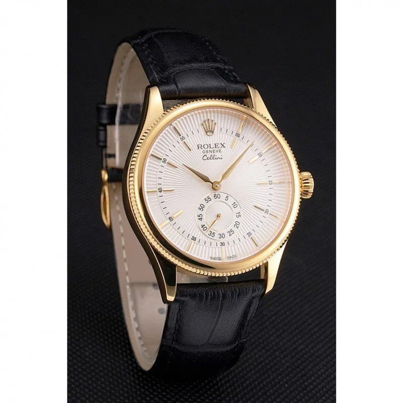 Swiss Cellini White Dial Gold Case Black Leather Strap