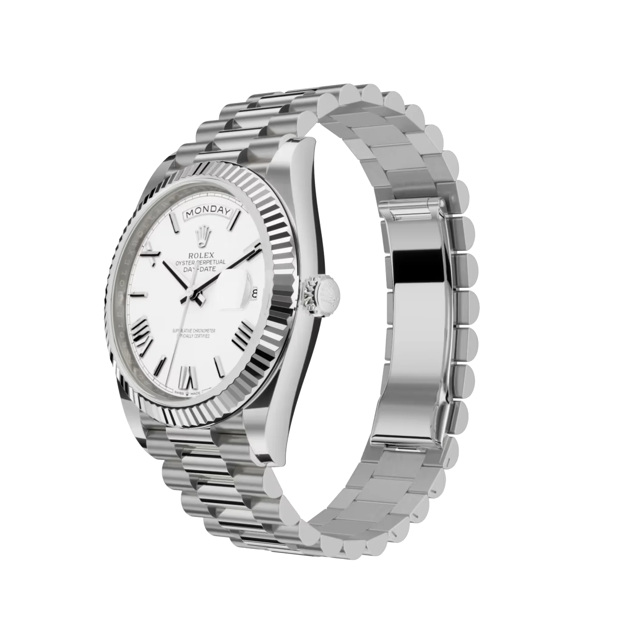 Day-Date: White gold, white dial, fluted bezel, President bracelet, m228239-0046
