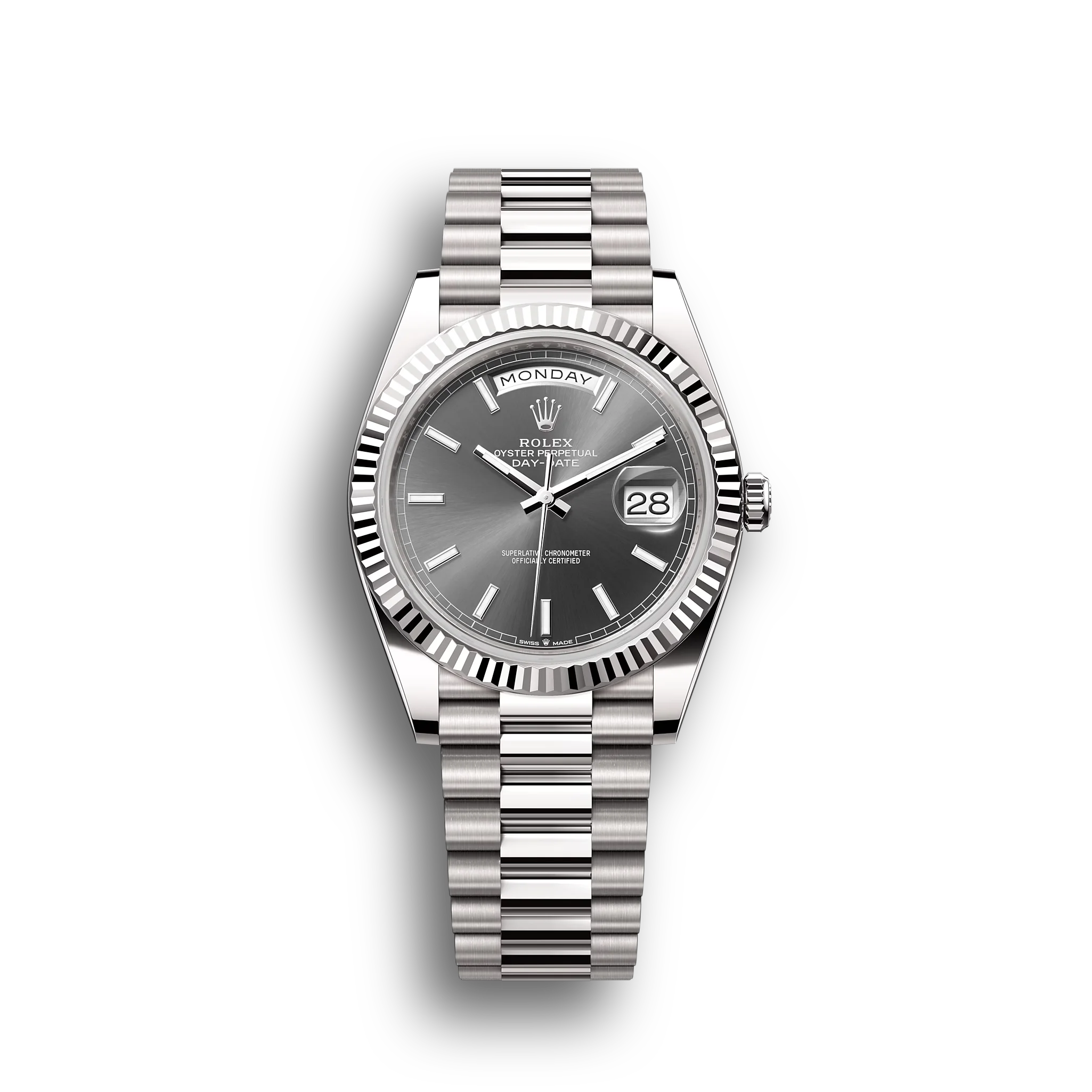 Day-Date: White gold, slate dial, fluted bezel, President bracelet, m228239-0060