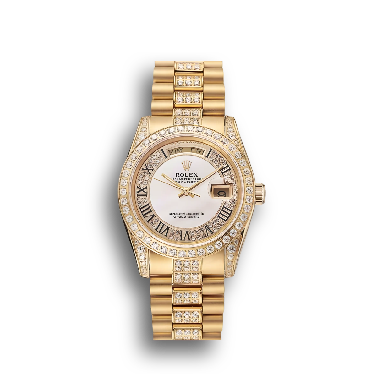 Swiss Day-Date Diamond Pave White Dial Gold Diamond Bracelet 1453958