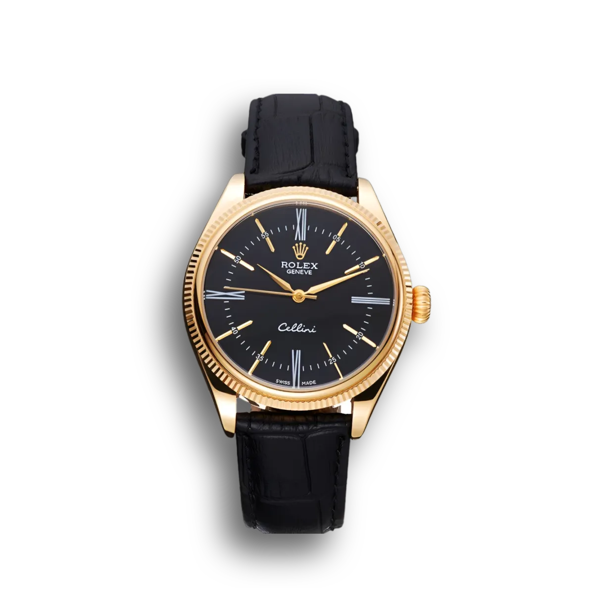 Cellini Black Dial Gold Case Black Leather Strap 622832