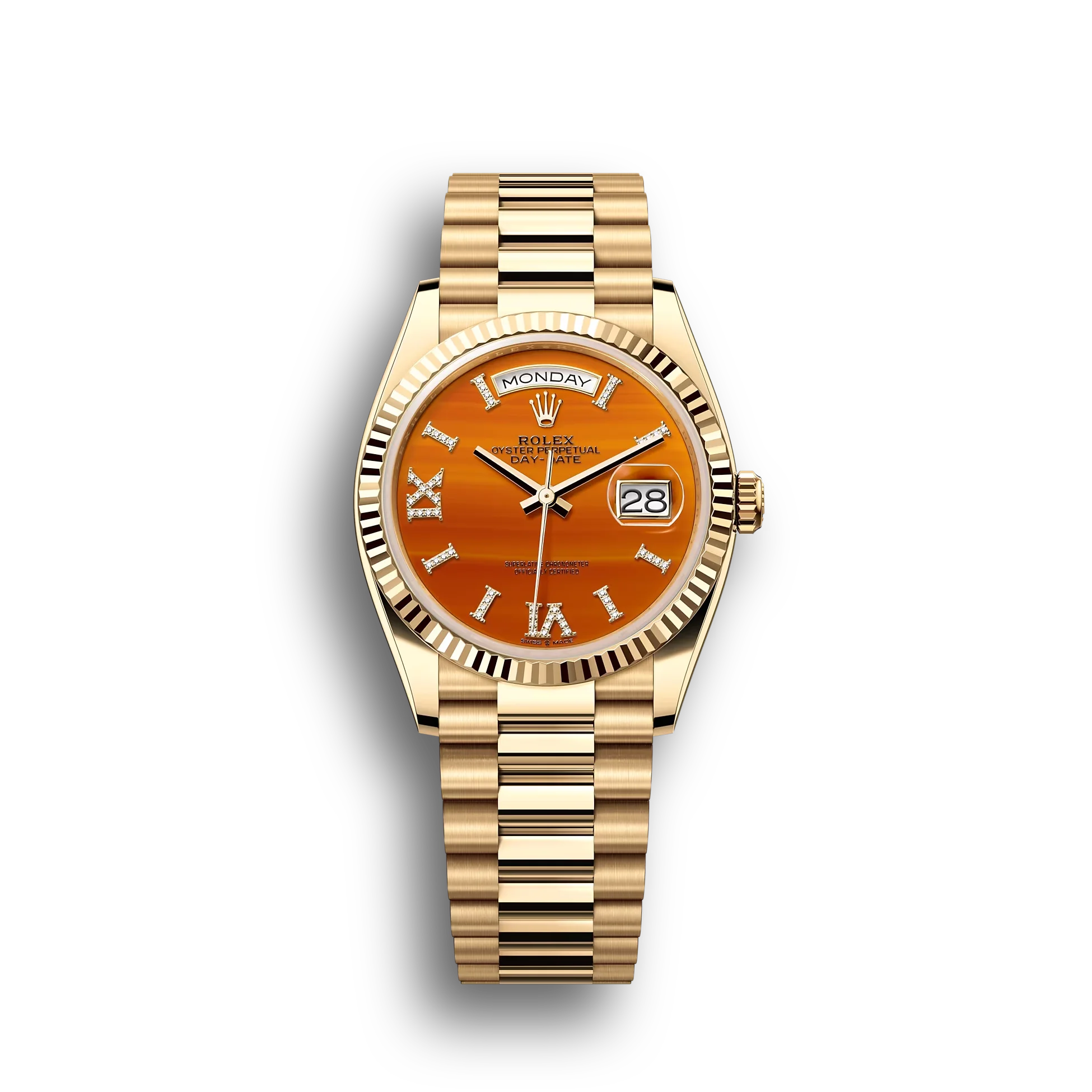Day-Date: Yellow gold, carnelian, diamond-set dial, fluted bezel, President bracelet, m128238-0088