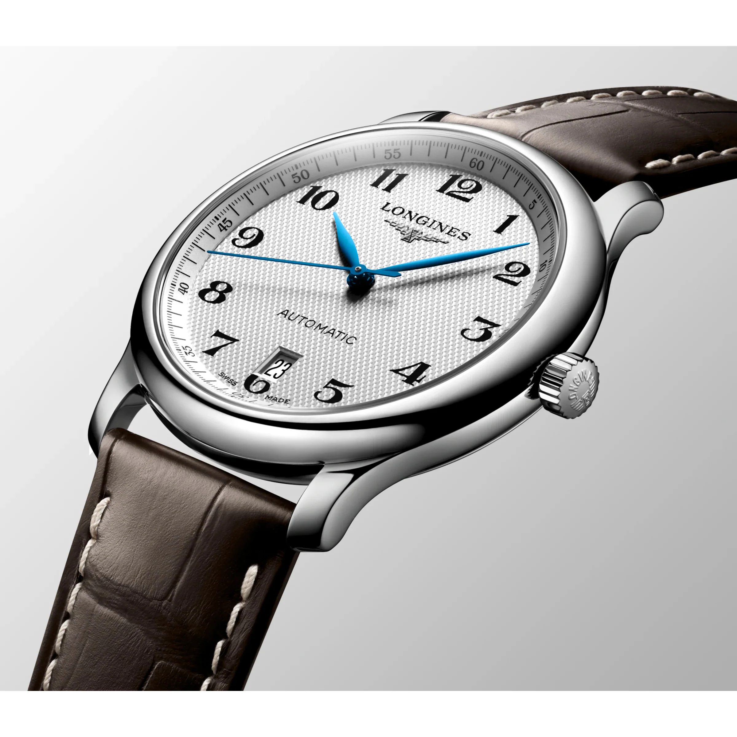 Master 38MM Automatic Silver Date Window Brown Alligator Watch L26284783