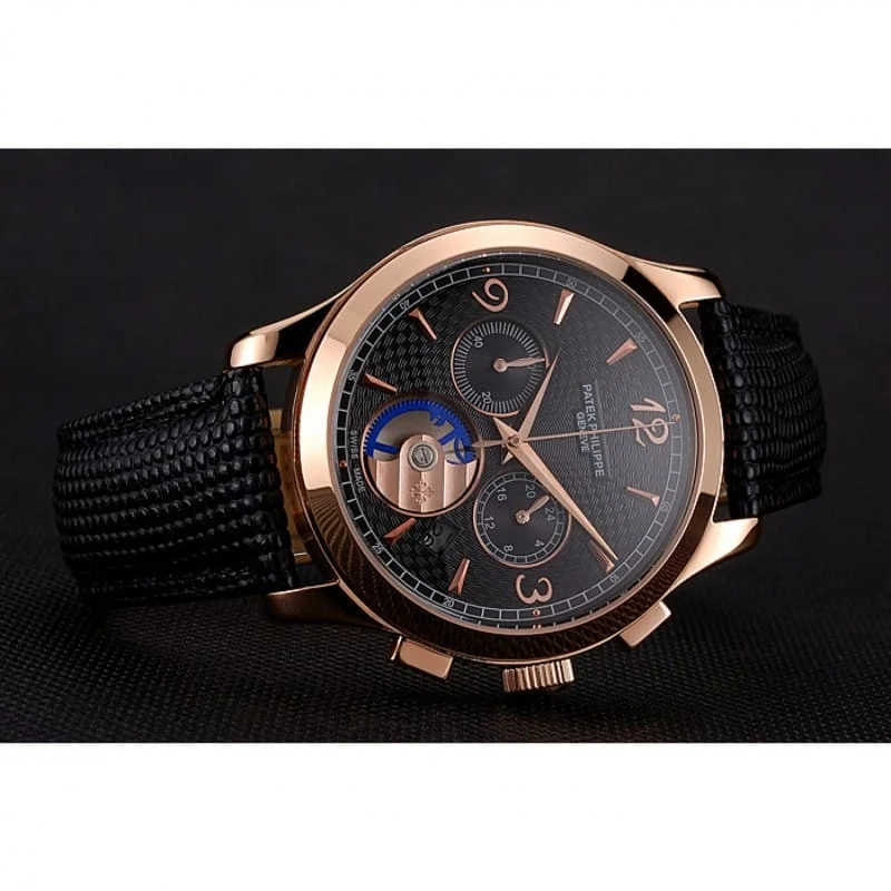 Chronograph Black Guilloche Dial Black 43 mm, Rose Gold Plated
