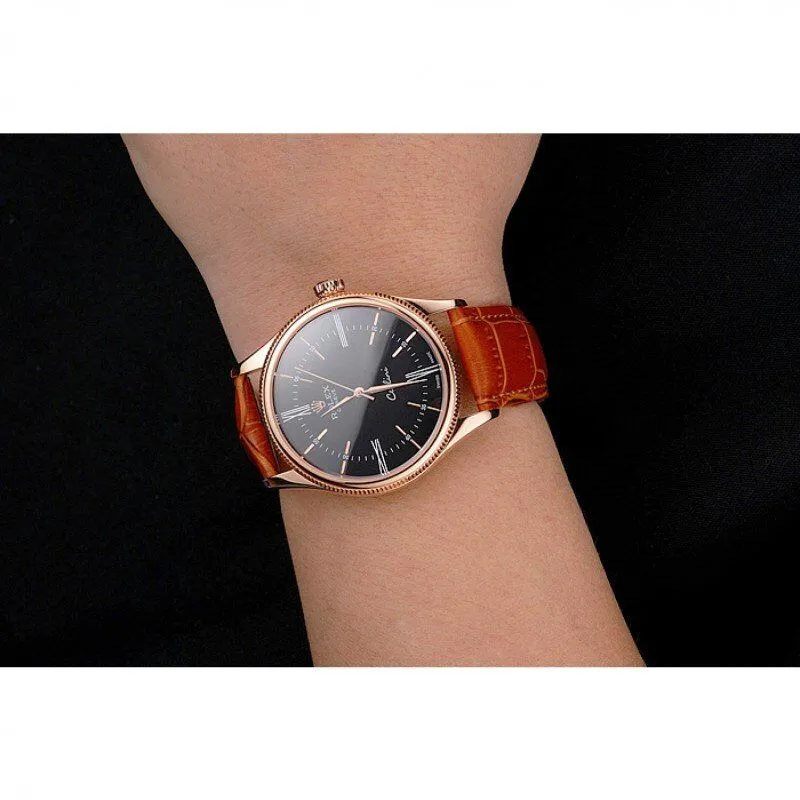 Swiss Cellini Black Dial Roman Numerals Rose Gold Case Light Brown Leather Strap