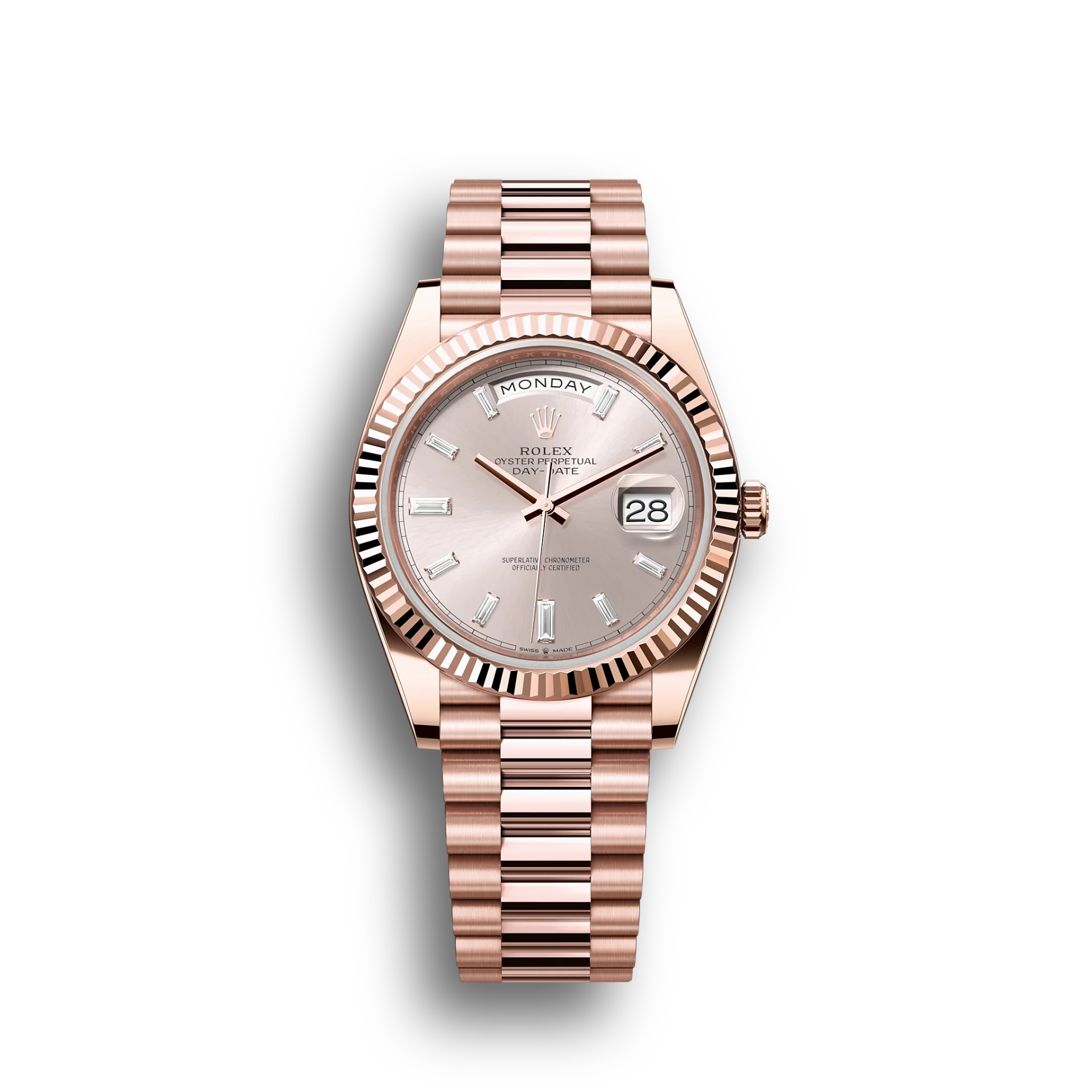 Day-Date: 40 Everose gold, sundust, diamond-set dial, fluted bezel, President bracelet, m228235-0004