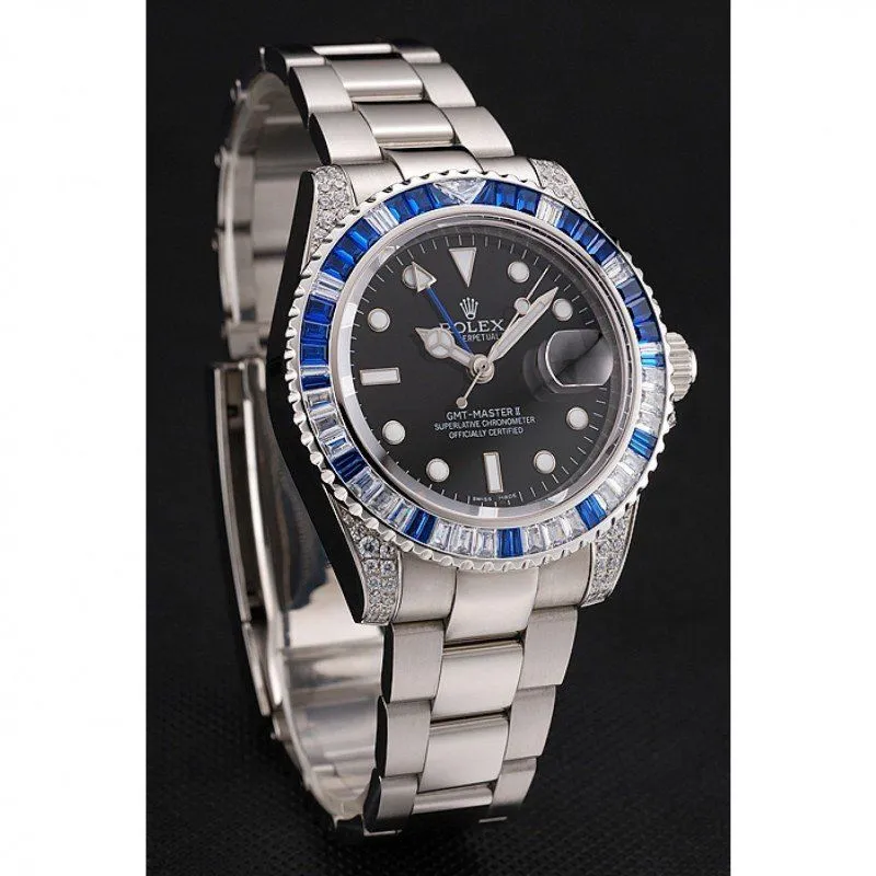 Swiss GMT Master II Black Dial Stone Set Bezel Stainless Steel Case And Bracelet 1453747