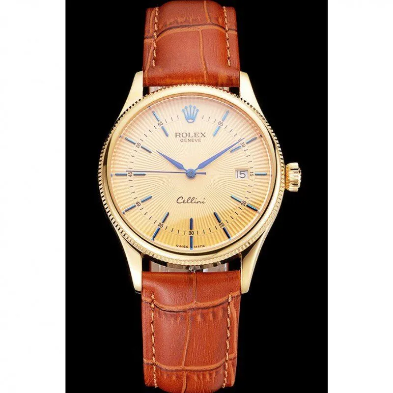 Swiss Cellini Date Gold Guilloche Dial Gold Case Light Brown Leather Strap