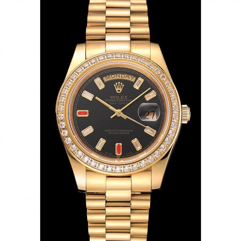 Swiss Day-Date Diamonds And Rubies Black Dial Yellow Gold Bracelet 1454101