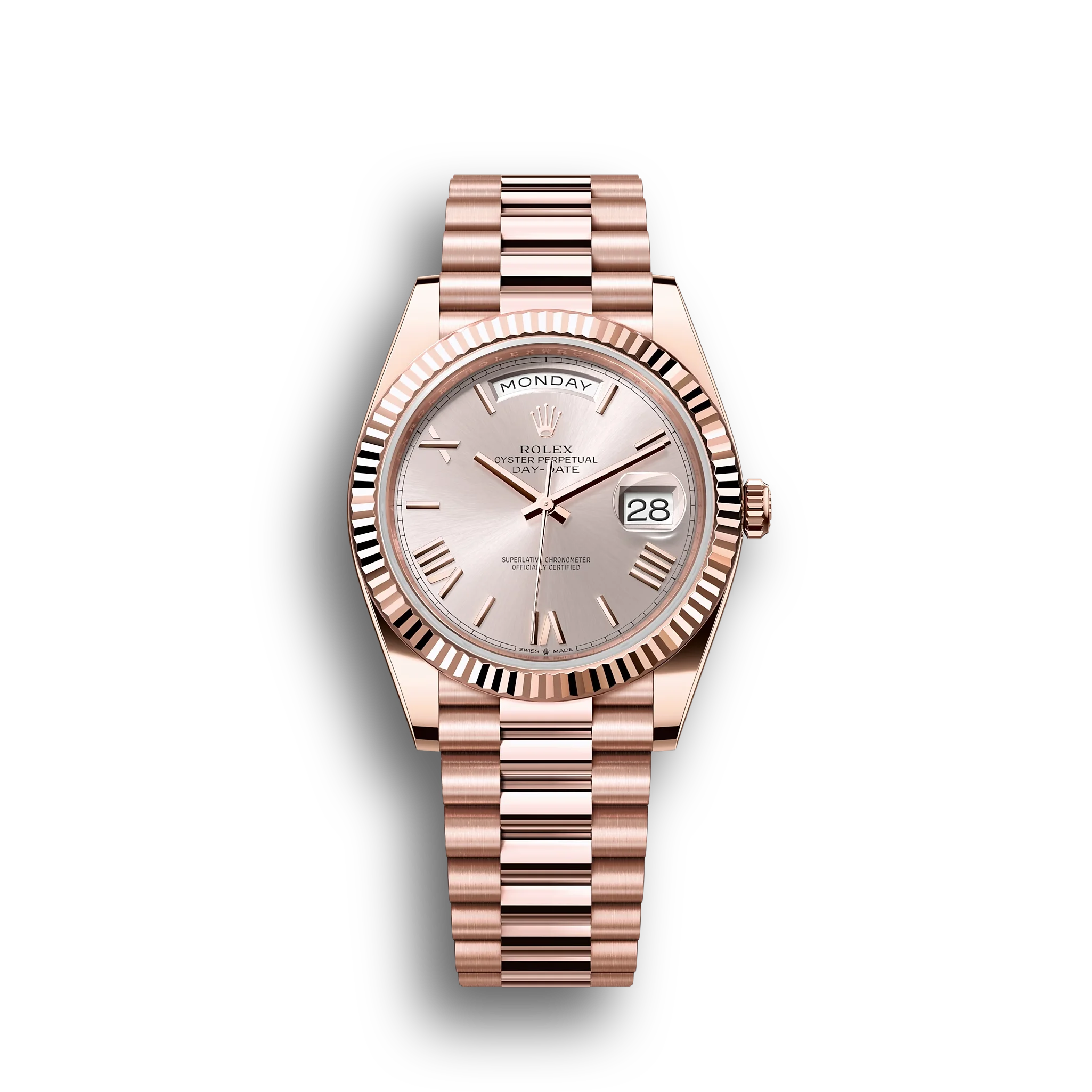 Day-Date: 40 Everose gold, sundust dial, fluted bezel, President bracelet, m228235-0001