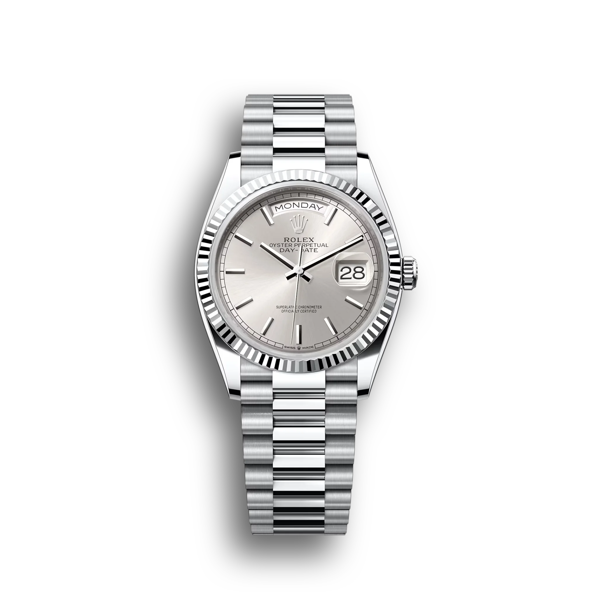 Day-Date: platinum, silver dial, fluted bezel, President bracelet, m128236-0001