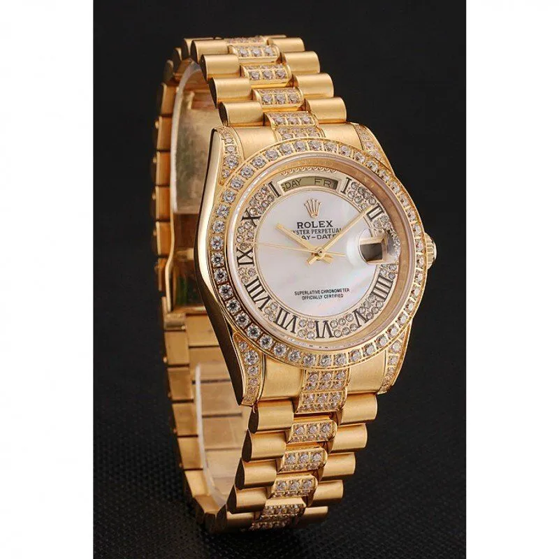 Swiss Day-Date Diamond Pave White Dial Gold Diamond Bracelet 1453958