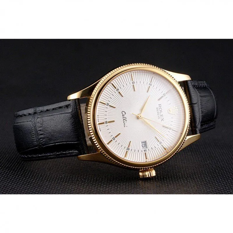 Swiss Cellini Date White Dial Gold Case Black Leather Strap