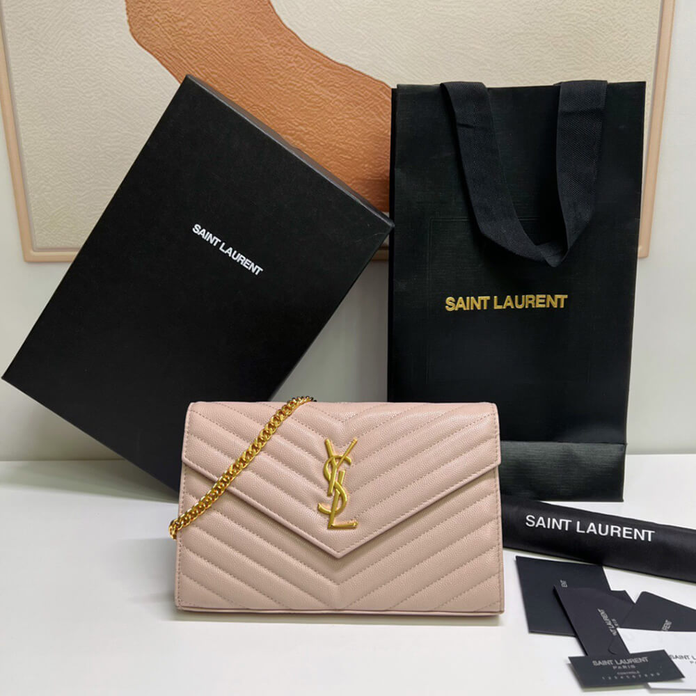 YSL CASSANDRE MATELASSÉ CHAIN WALLET IN GRAIN DE POUDRE EMBOSSED LEATHER