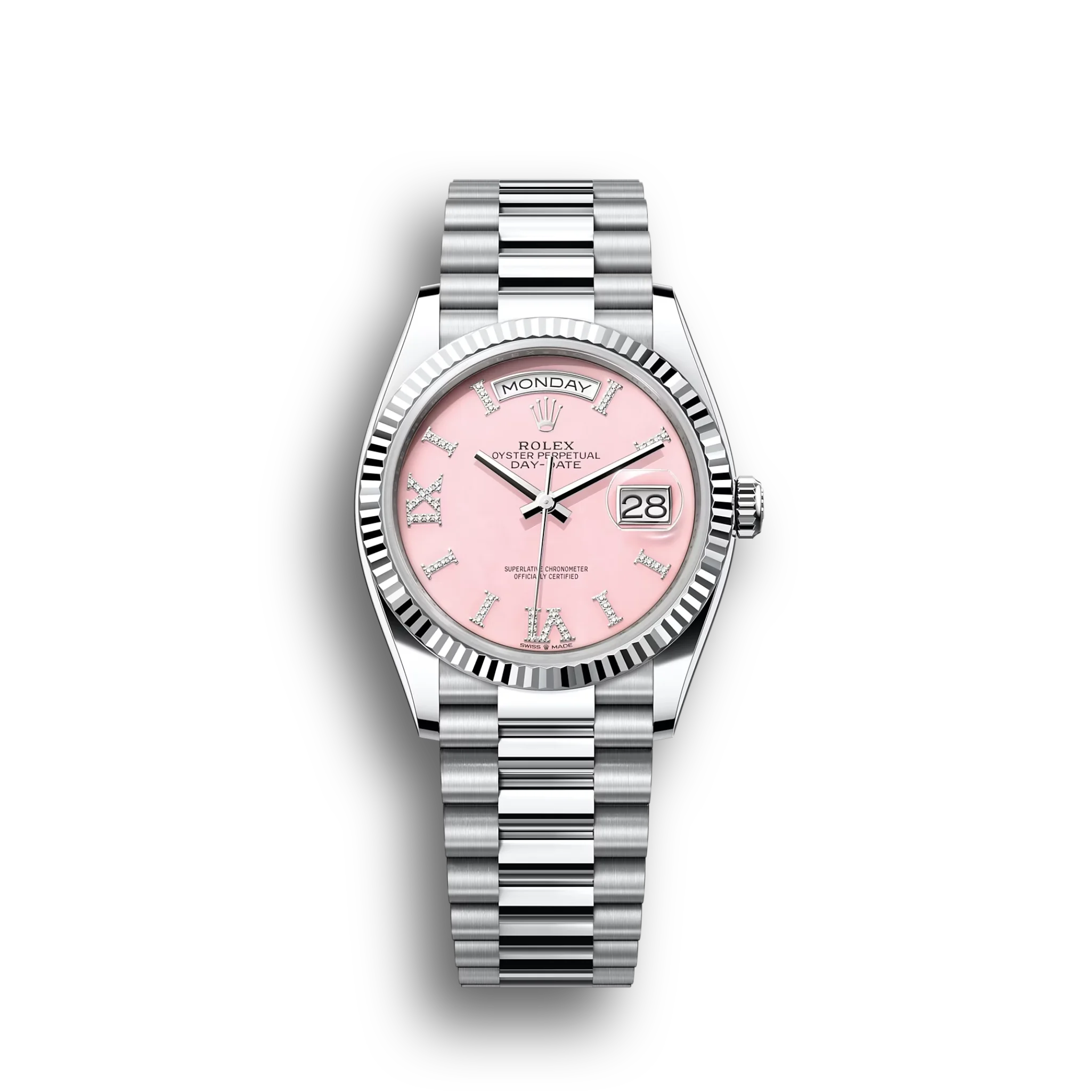 Day-Date: platinum, with a pink opal, diamond-set dial, fluted bezel, President bracelet, m128236-0006