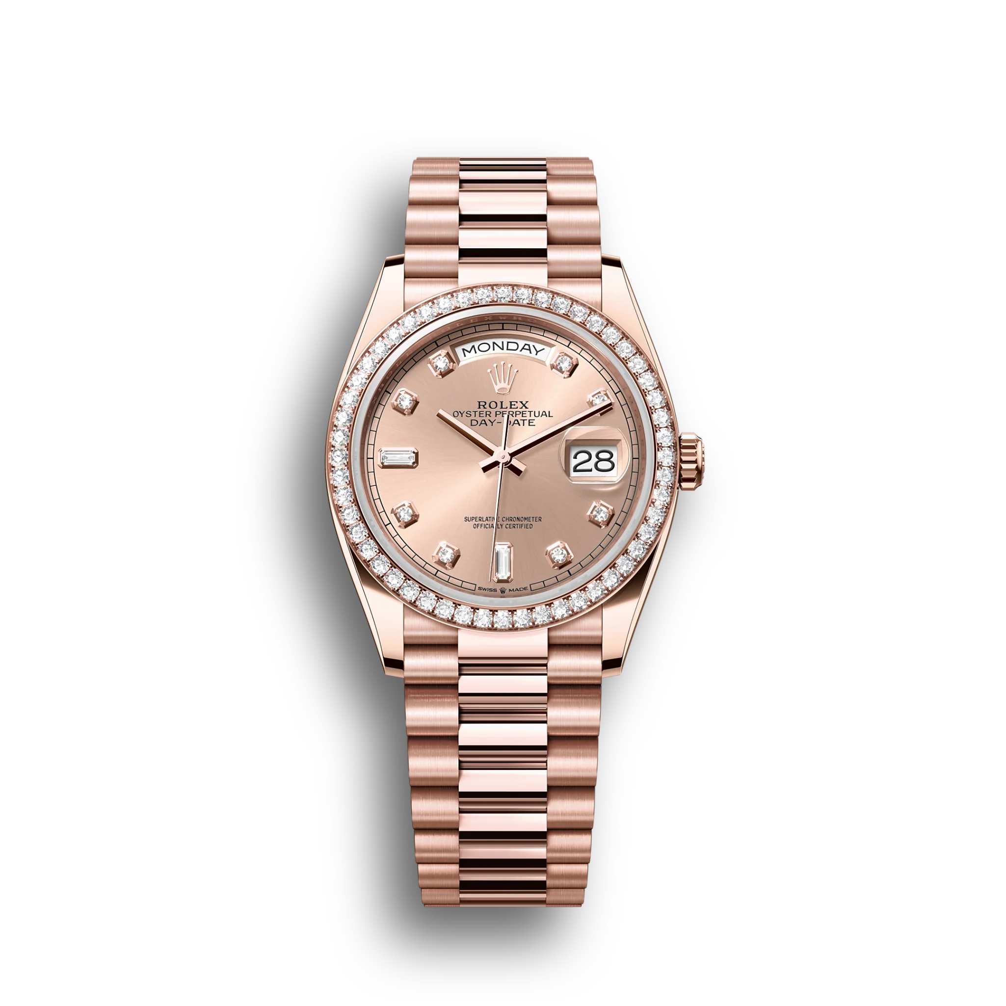 Day-Date: Everose gold, rosé colour, diamond-set dial, diamond-set bezel, President bracelet, m128345rbr-0009