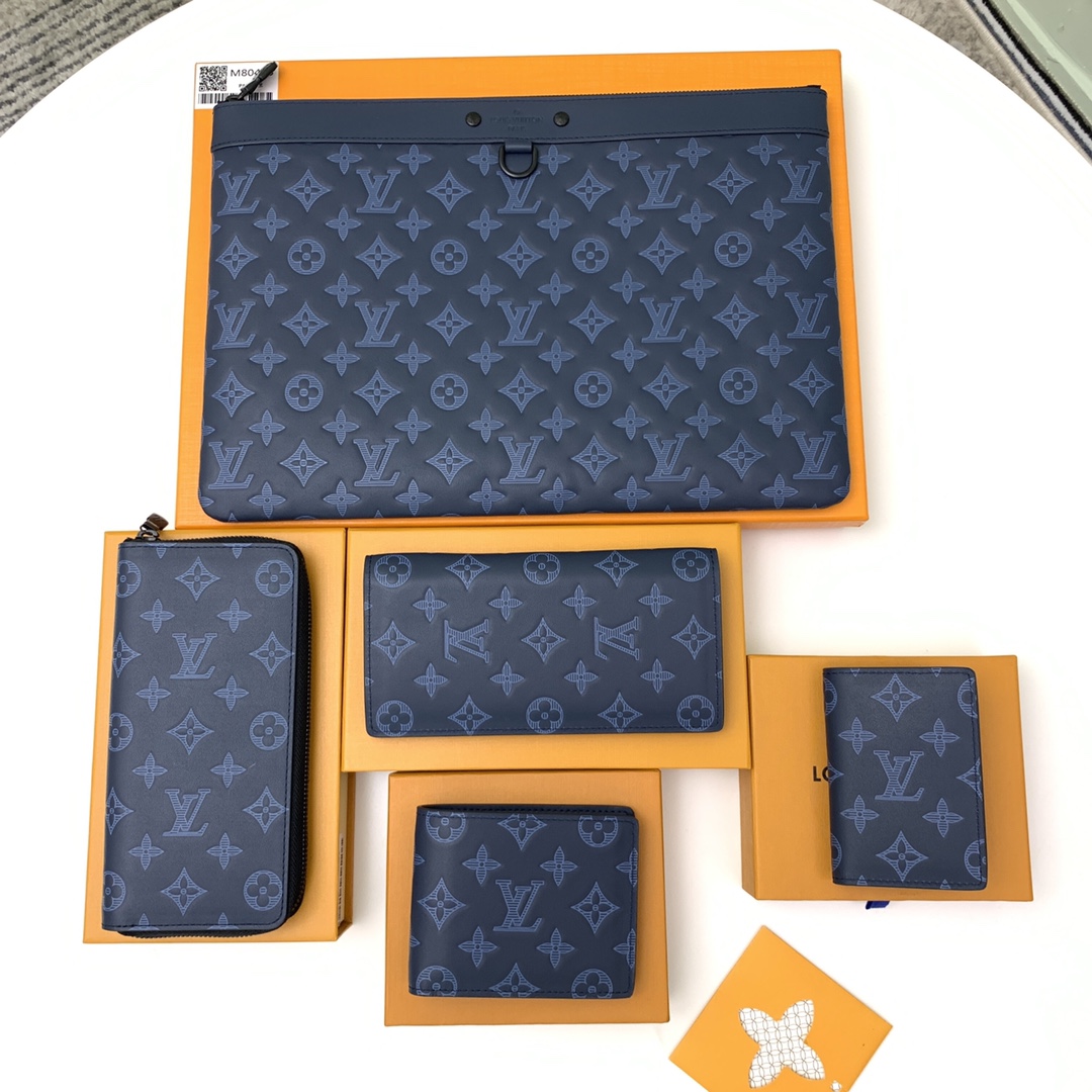 2021 New Louis Vuitton Navy Blue Monogram Cowhide Leather Wallet and Pochette