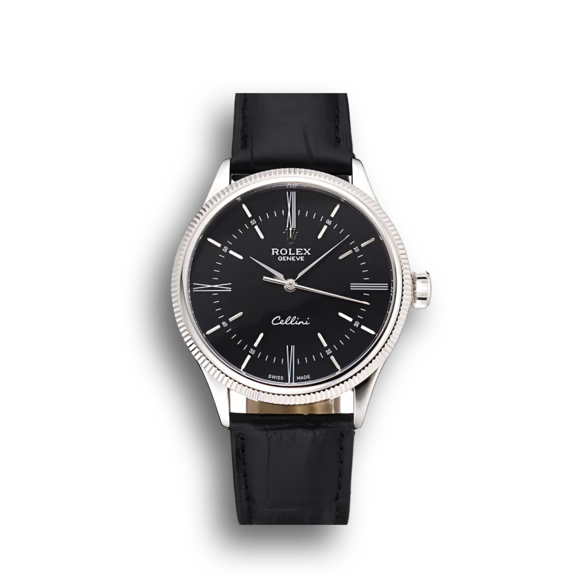 Swiss Cellini Time Silver Case Black Dial Black Leather Bracelet 622654