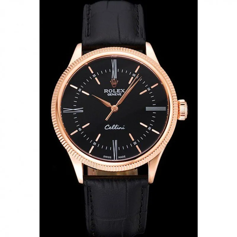 Swiss Cellini Time Rose Gold Case Black Dial Black Leather Bracelet 622656