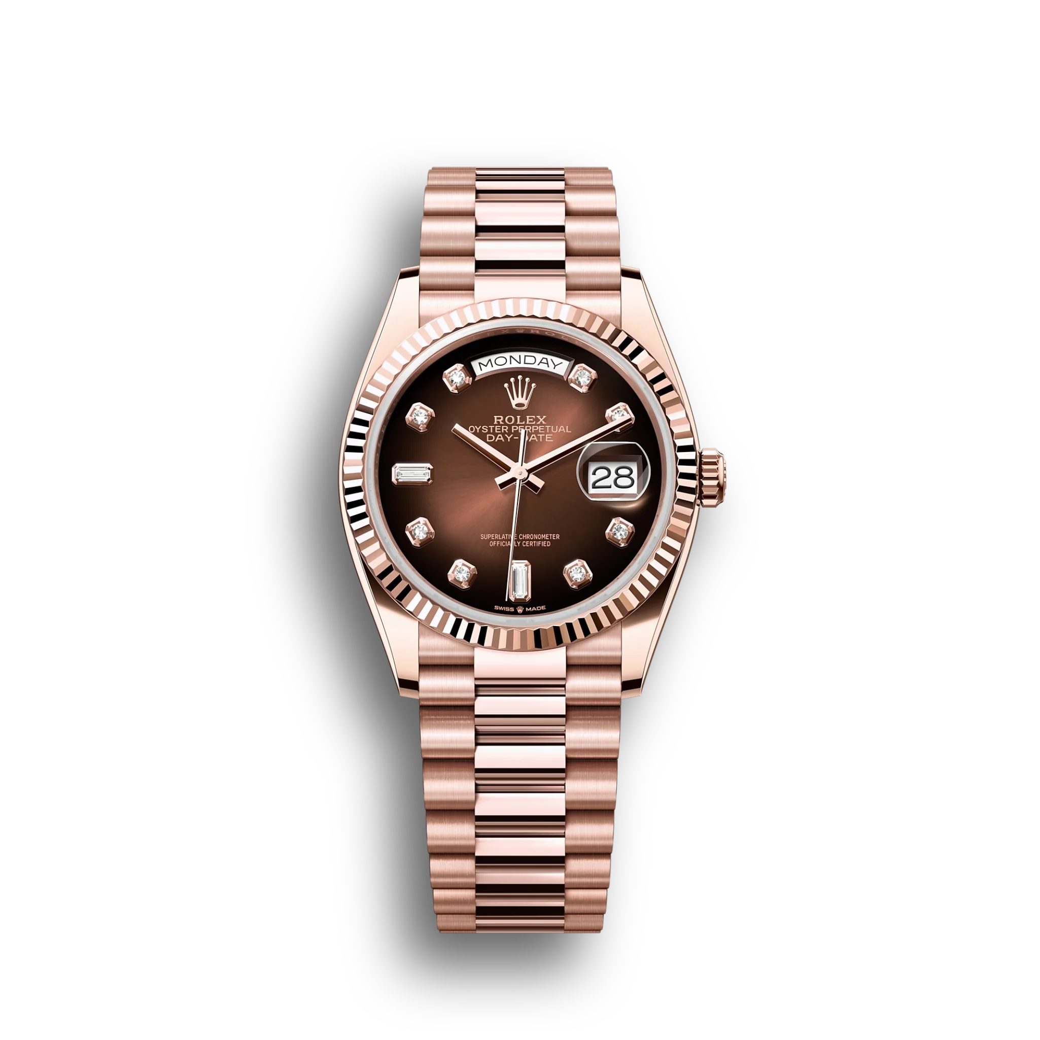 Day-Date: 36 Everose gold, brown ombré, diamond-set dial, fluted bezel, President bracelet, m128235-0037