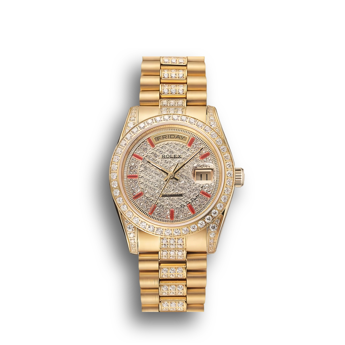 Swiss Day-Date Red Diamond Pave Dial Gold Diamond Bracelet 1453960