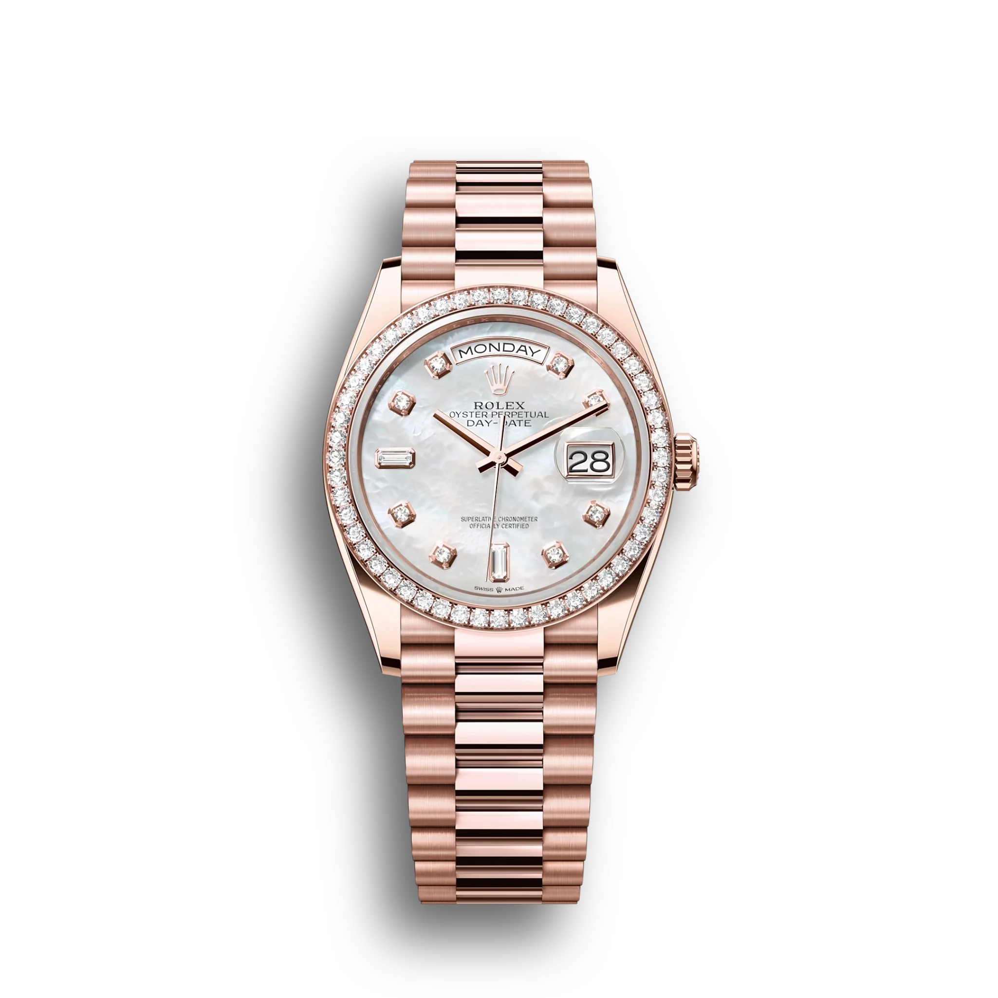 Day-Date: Everose gold, white mother-of-pearl, diamond-set dial, diamond-set bezel, President bracelet, m128345rbr-0028