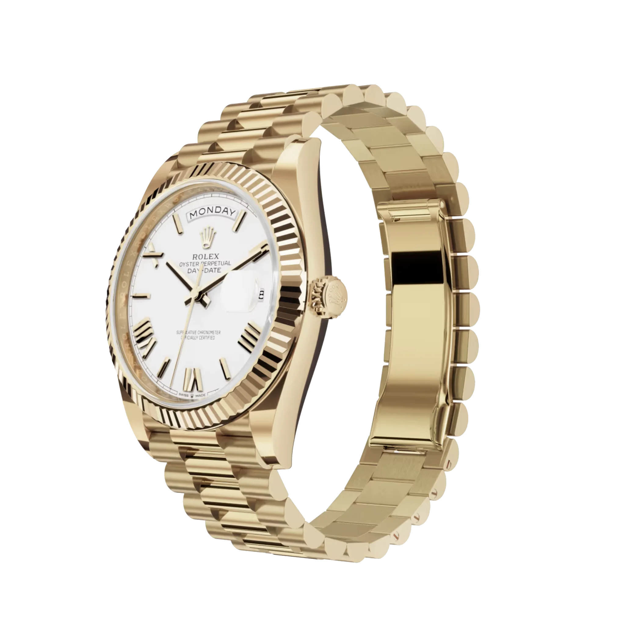 Day-Date: yellow gold with a white dial, fluted bezel and a President bracelet, m228238-0042