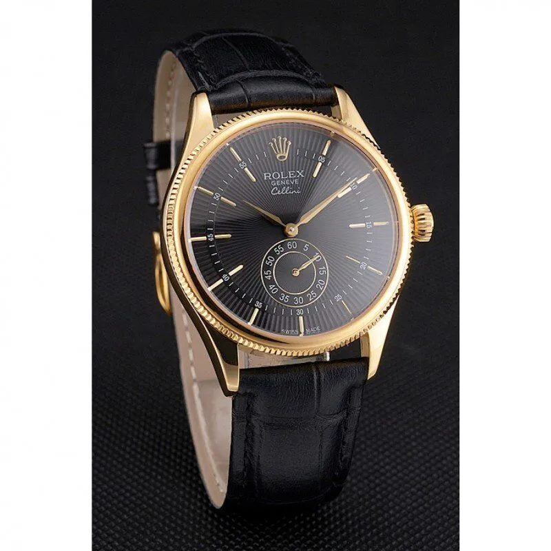 Swiss Cellini Black Dial Gold Case Black Leather Strap