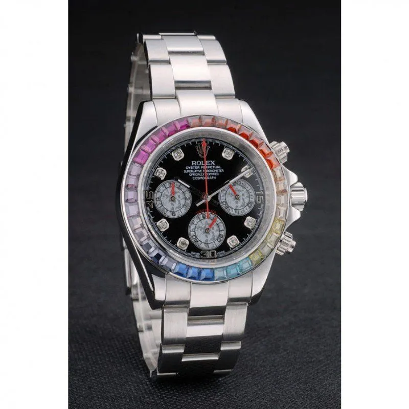 Daytona Cosmograph Rainbow Crystals Bezel Stainless Steep Strap Black Dial 80250
