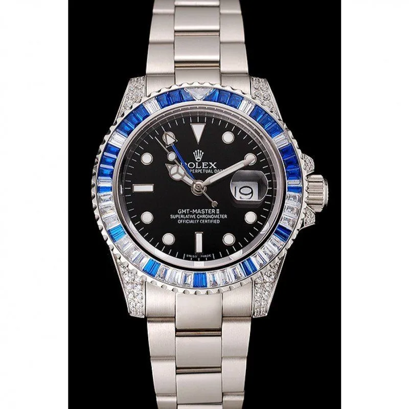 Swiss GMT Master II Black Dial Stone Set Bezel Stainless Steel Case And Bracelet 1453747