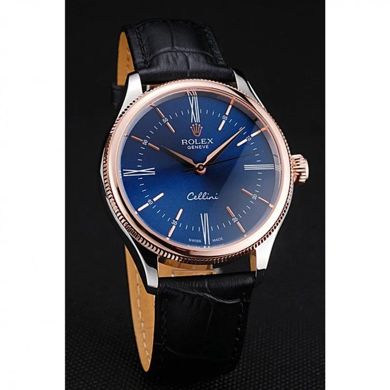 Cellini Blue Dial Gold Bezel Stainless Steel Case Black Leather Strap 622841