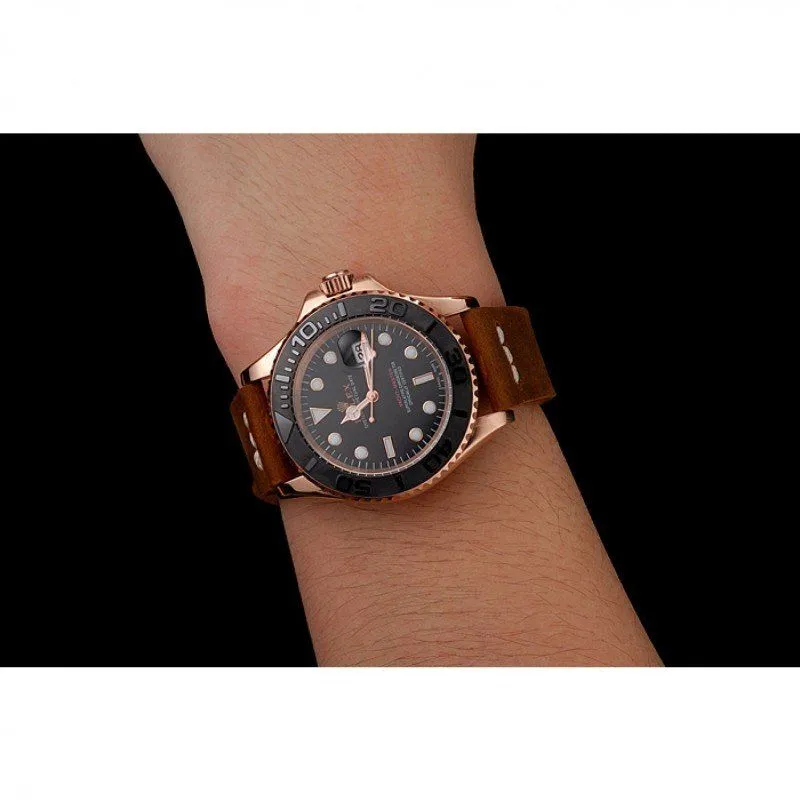 Yacht-Master Black Dial Rose Gold Case Brown Leather Bracelet 1453861