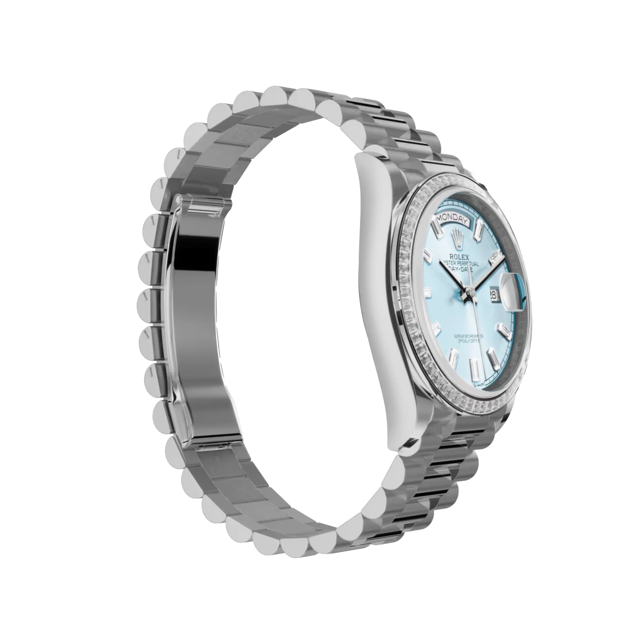 Day-Date: platinum, ice-blue, diamond-set dial, diamond-set bezel and a President bracelet, m128396tbr-0003