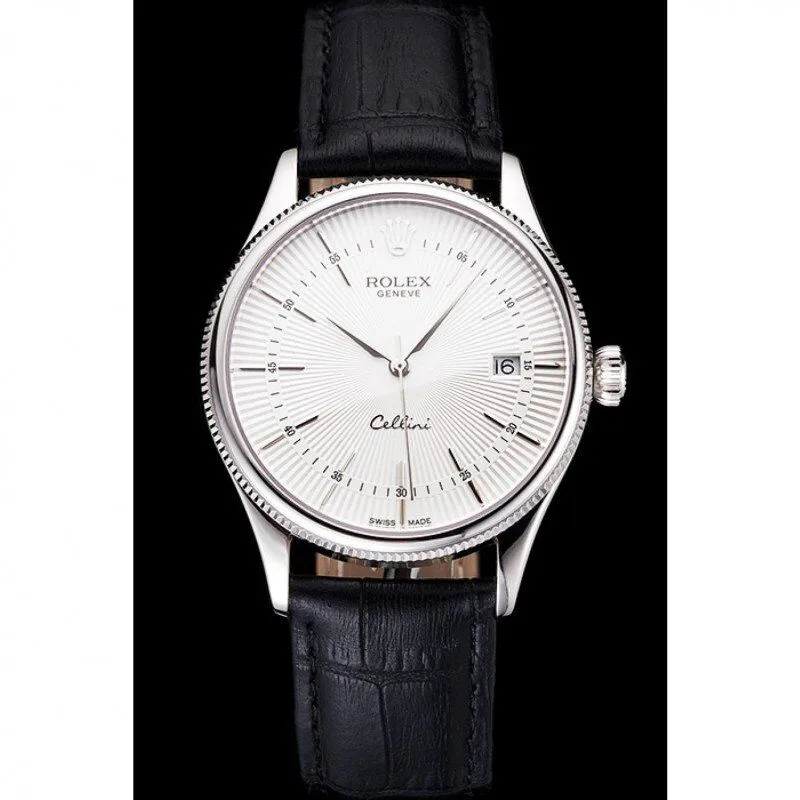 Swiss Cellini Date White Dial Stainless Steel Case Black Leather Strap