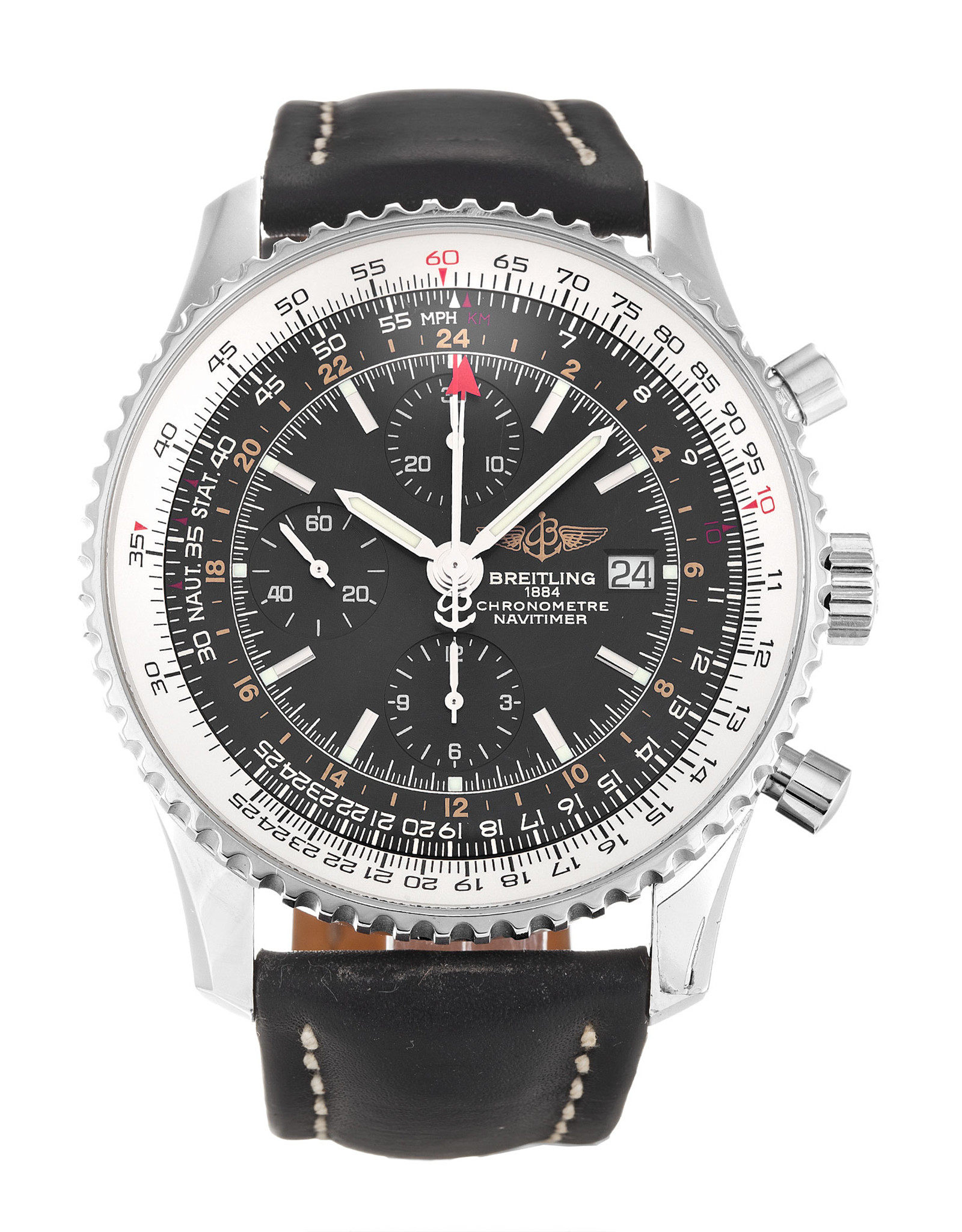Navitimer World Black Dial Leather Strap A24322