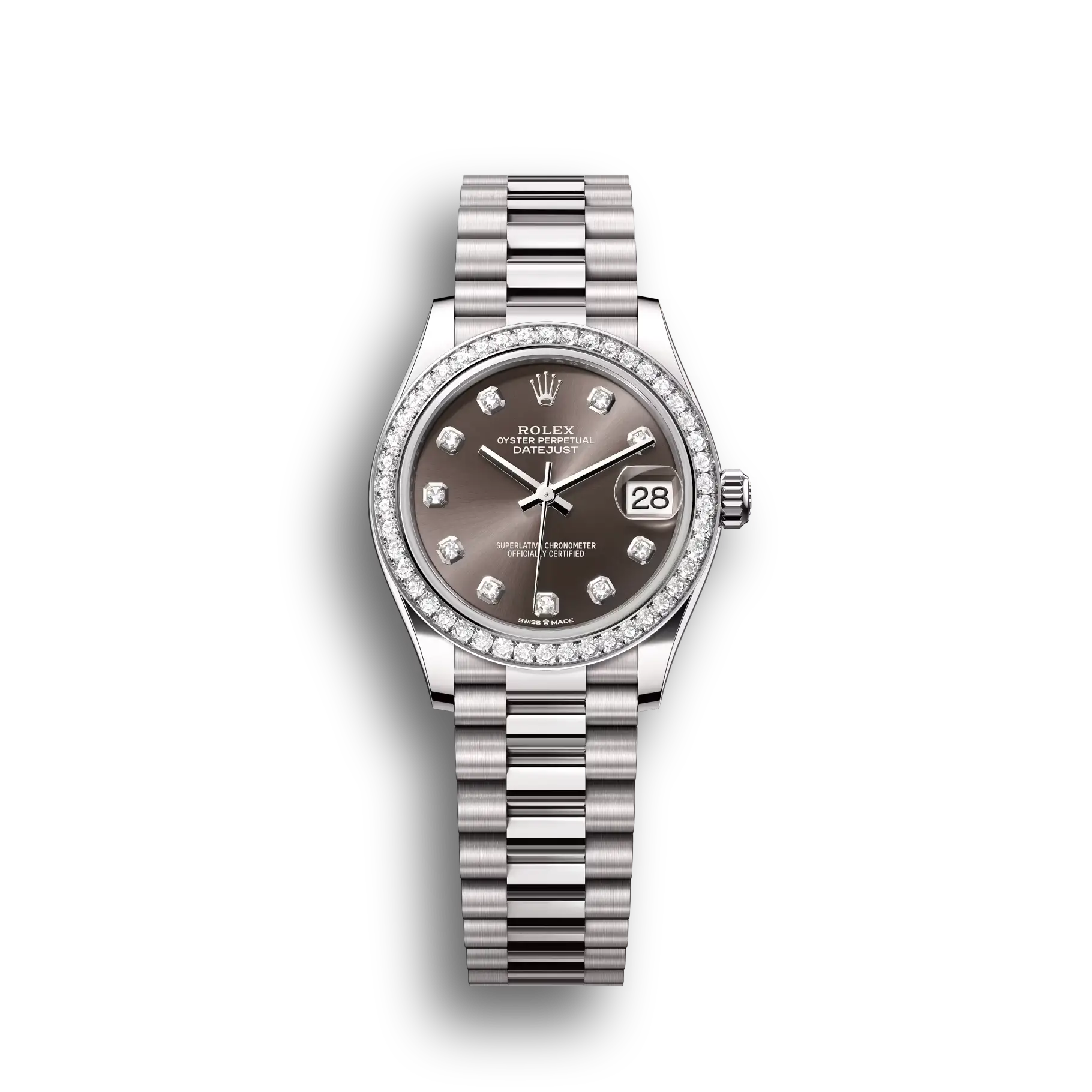 Datejust: Oystersteel and white gold, white mother-of-pearl, diamond-set, m278289rbr-0005