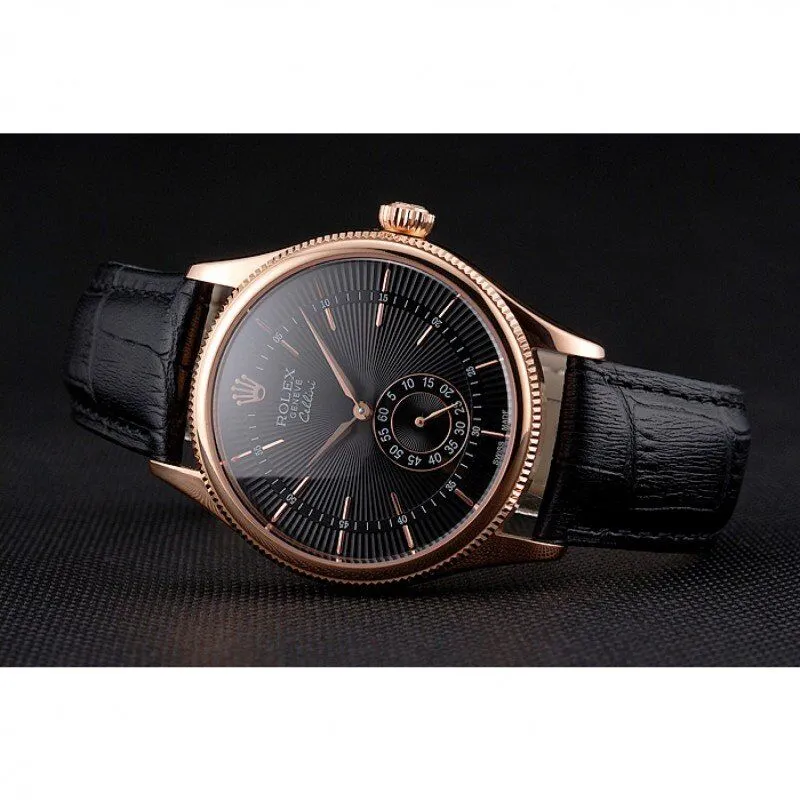 Swiss Cellini Black Dial Rose Gold Case Black Leather Strap